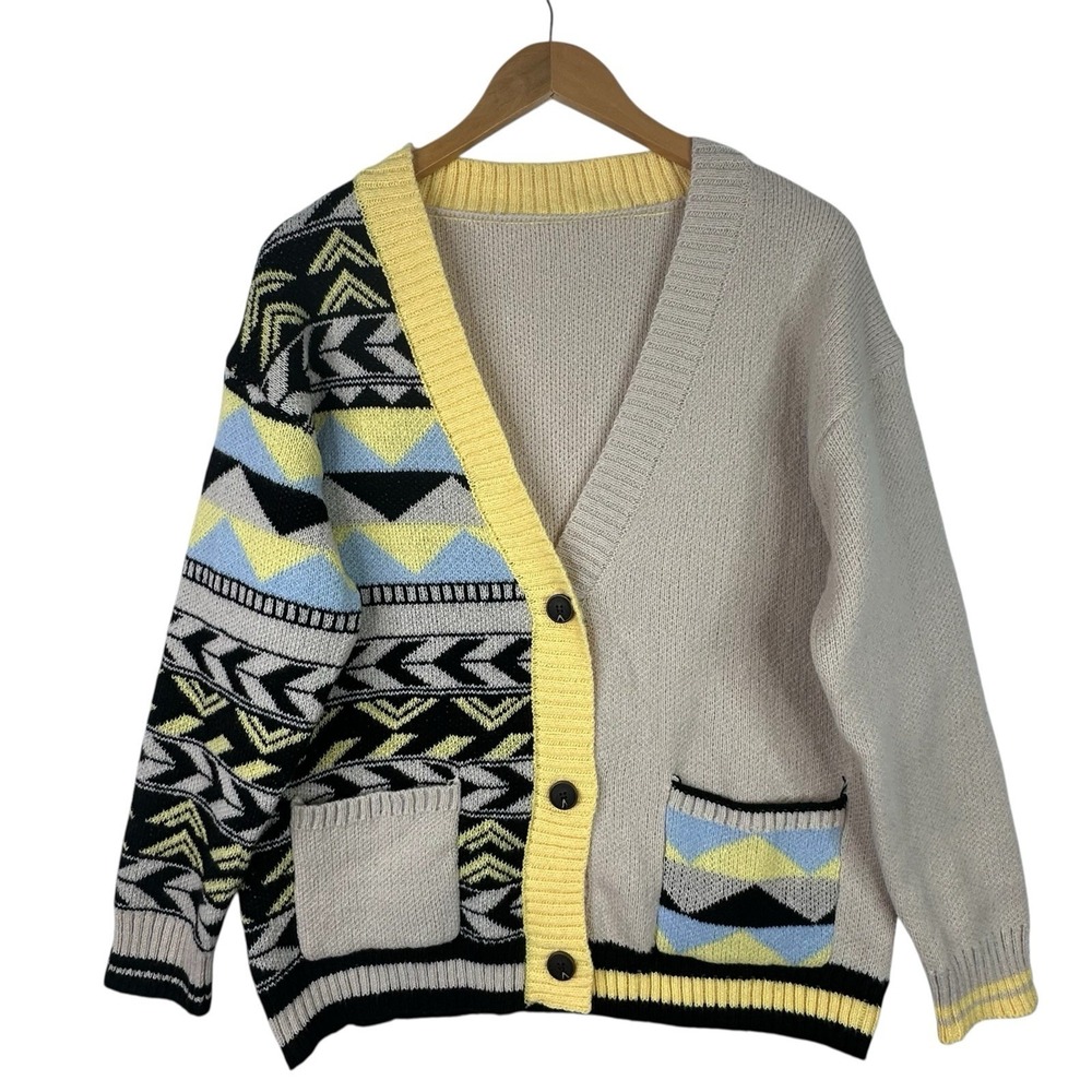 Colorblock Knit‎ Cardigan Womens Geometric Grandpa Core Large Vintage Inspired